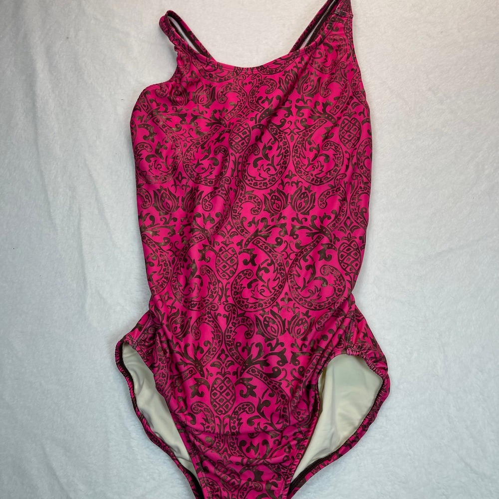 EQ Pink Brown Damask Pineapple Medium One Piece Swimsuit Open Back Classic